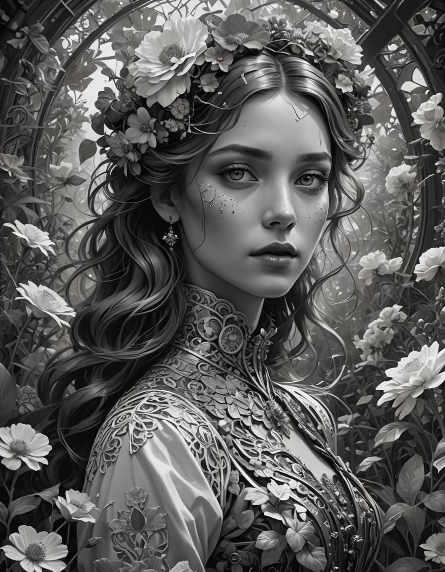 Monochrome Beauty in Clockpunk Victorian Garden