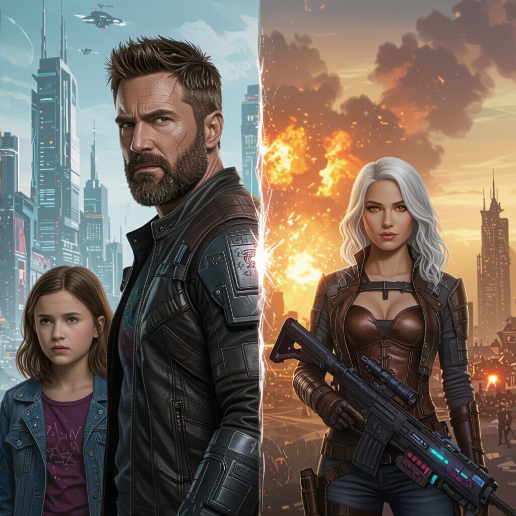 Divided Scene: Angry Father & Daughter vs. Futuristic Heroes