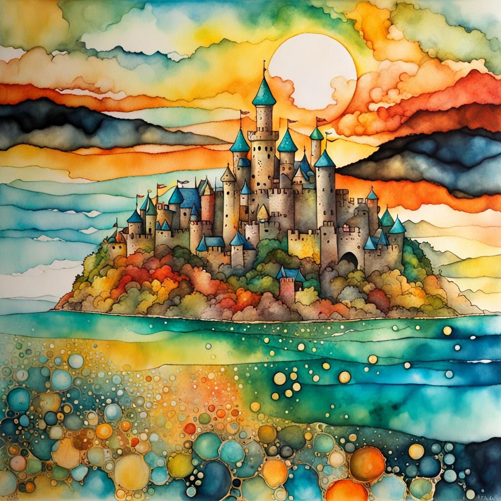 Surreal Oceanscape Castle in Watercolor Style