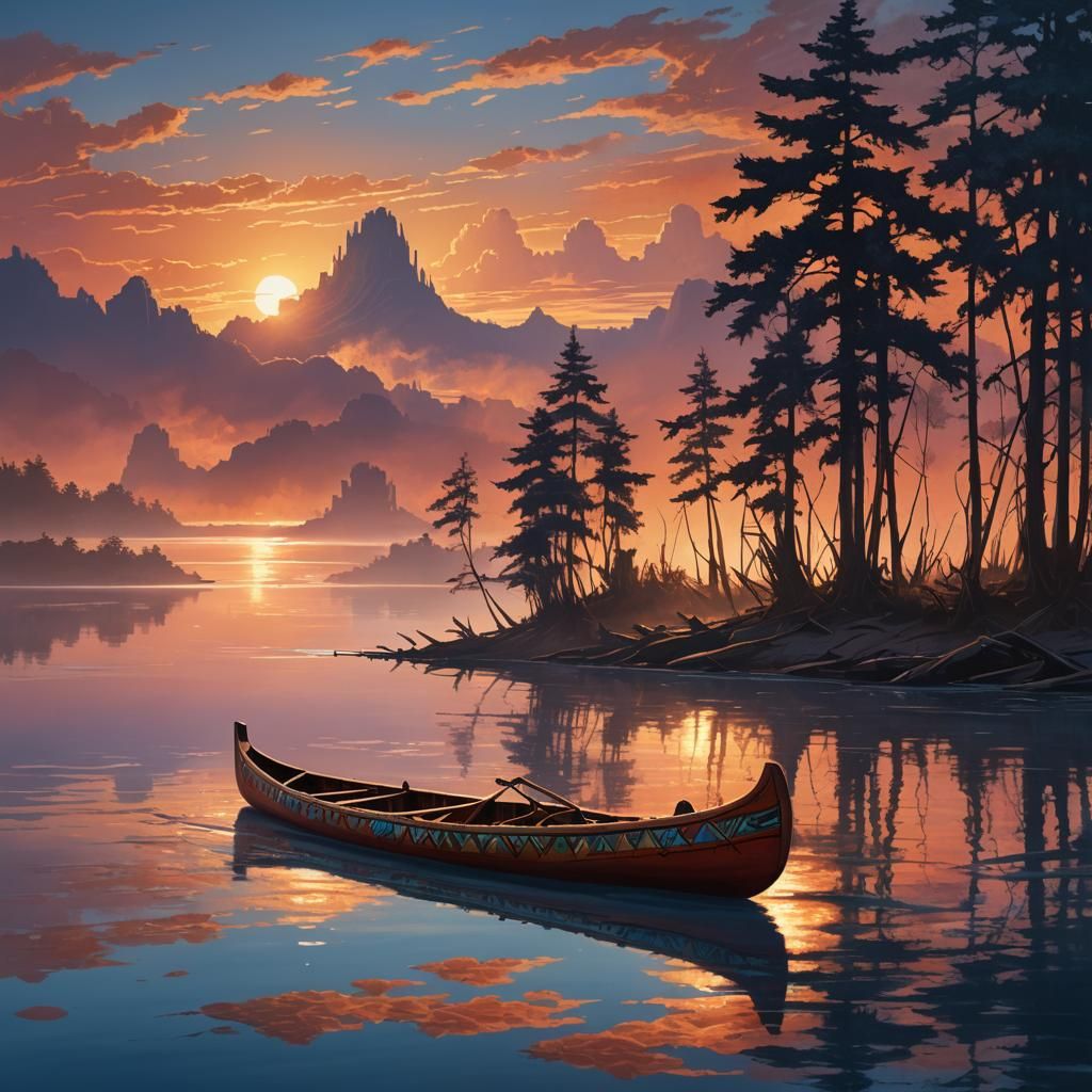 Native American Canoe at Fiery Sunset: Oil Painting