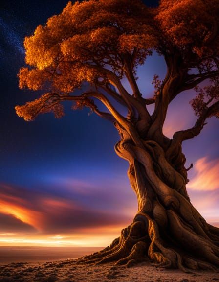 Desert Tree Lit by String Lights at Night