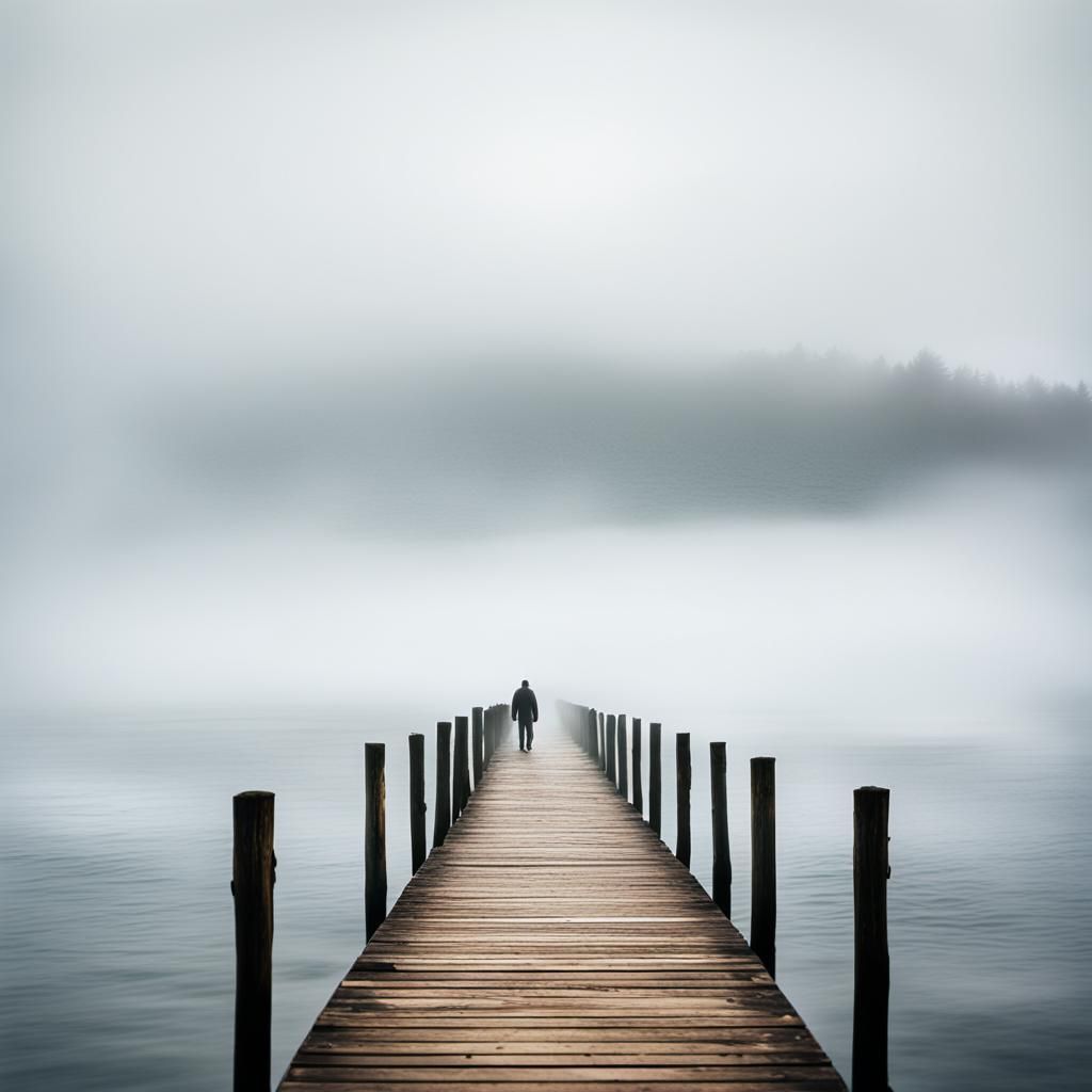 Ethereal Pier Disappearing Into Fog: Cinematic Landscape