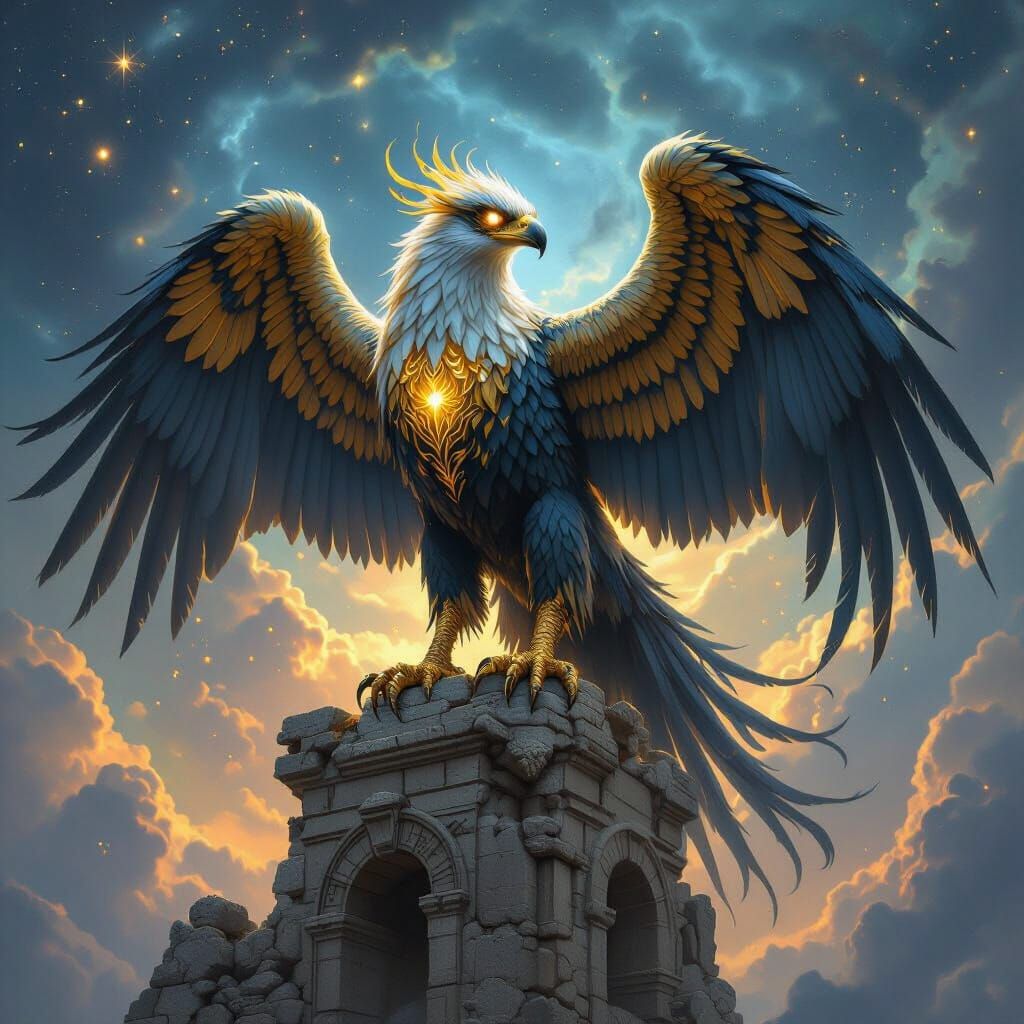 Golden Griffin Perched Under Swirling Nebulae