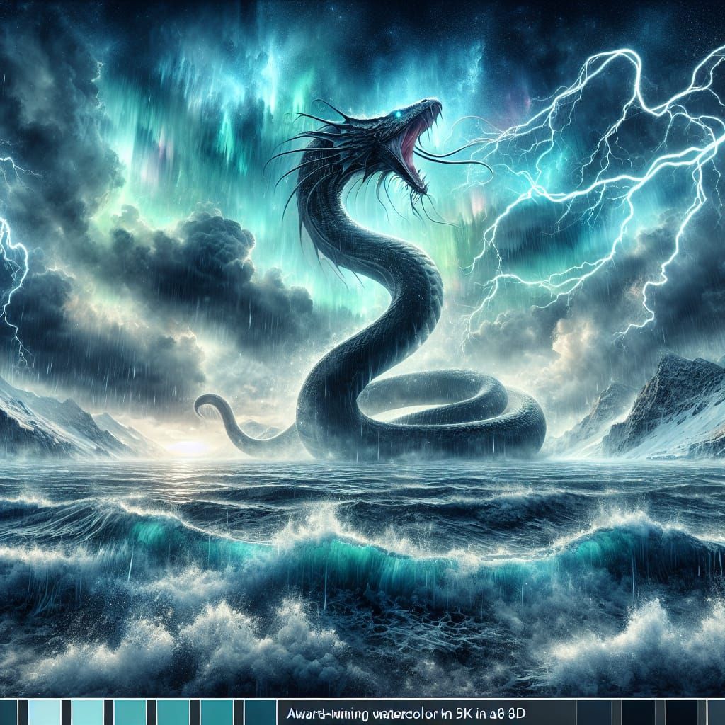 Jörmungandr in a Storm: Watercolor Fantasy Art
