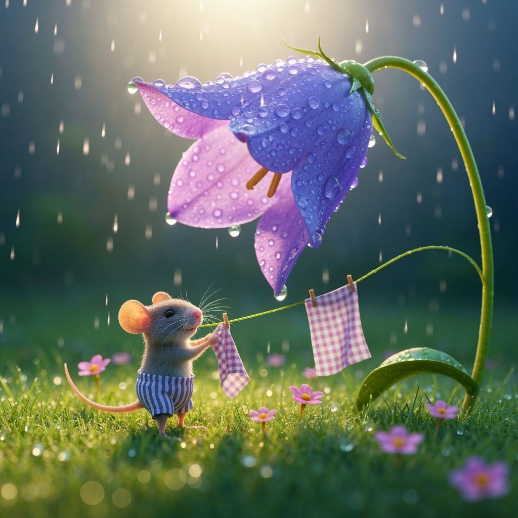 Fairytale Mouse Laundry Scene Under Giant Purple Flower