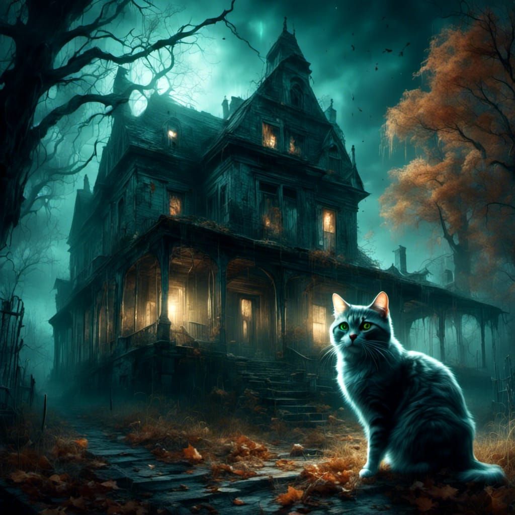 Ghostly Cat Prowls Haunted House on Autumn Night