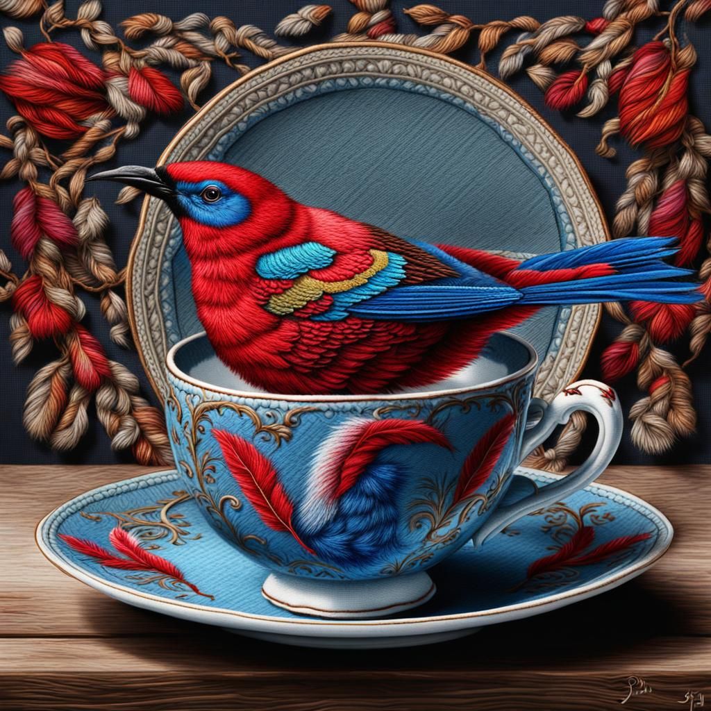 Embroidered Bird on Teacup in Textile Art Style