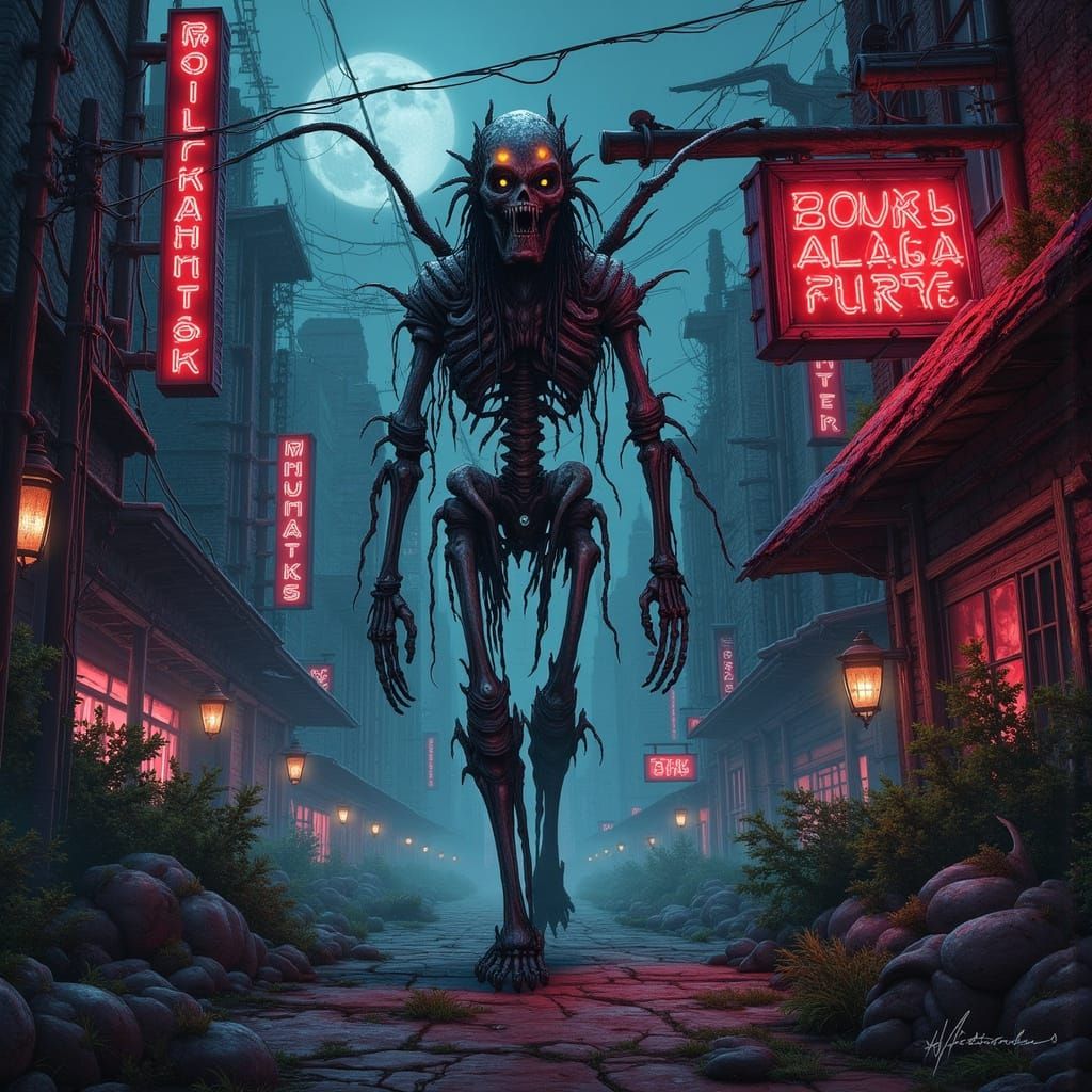 Cyberpunk Wendigo in Ruined City at Midnight