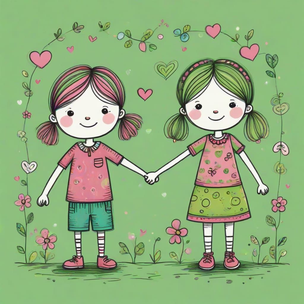 Adorable Children Holding Hands in Cartoon Doodle Style