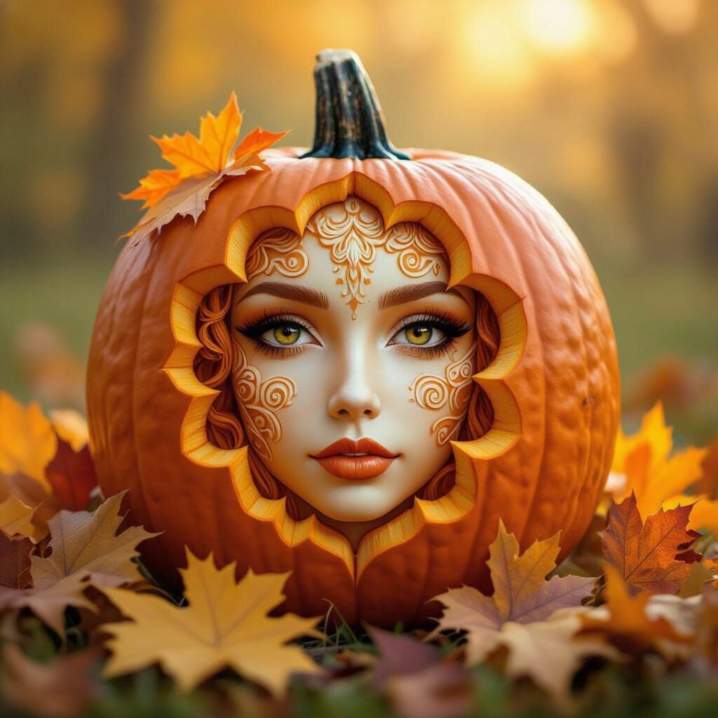 Intricate Girl Face Carved into Pumpkin in Golden Light