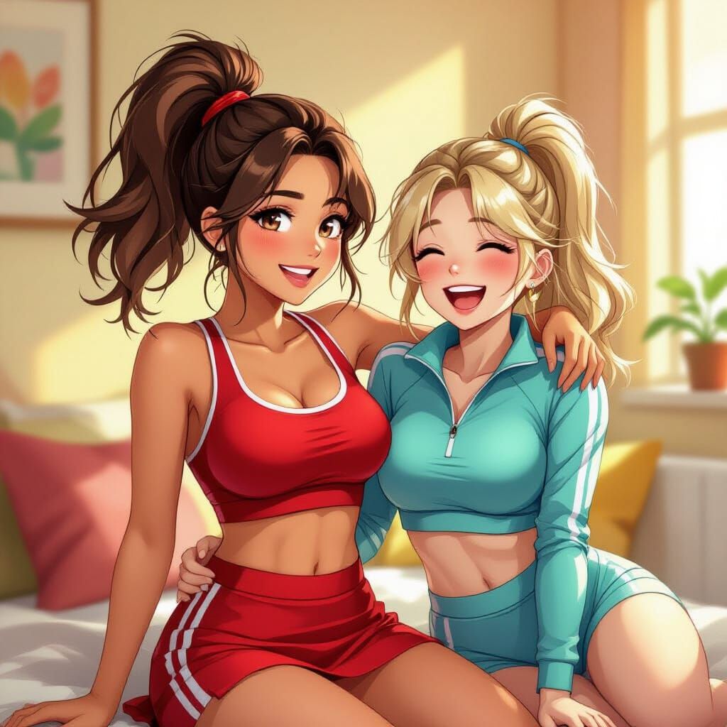 Two Friends Laughing in Sporty Outfits