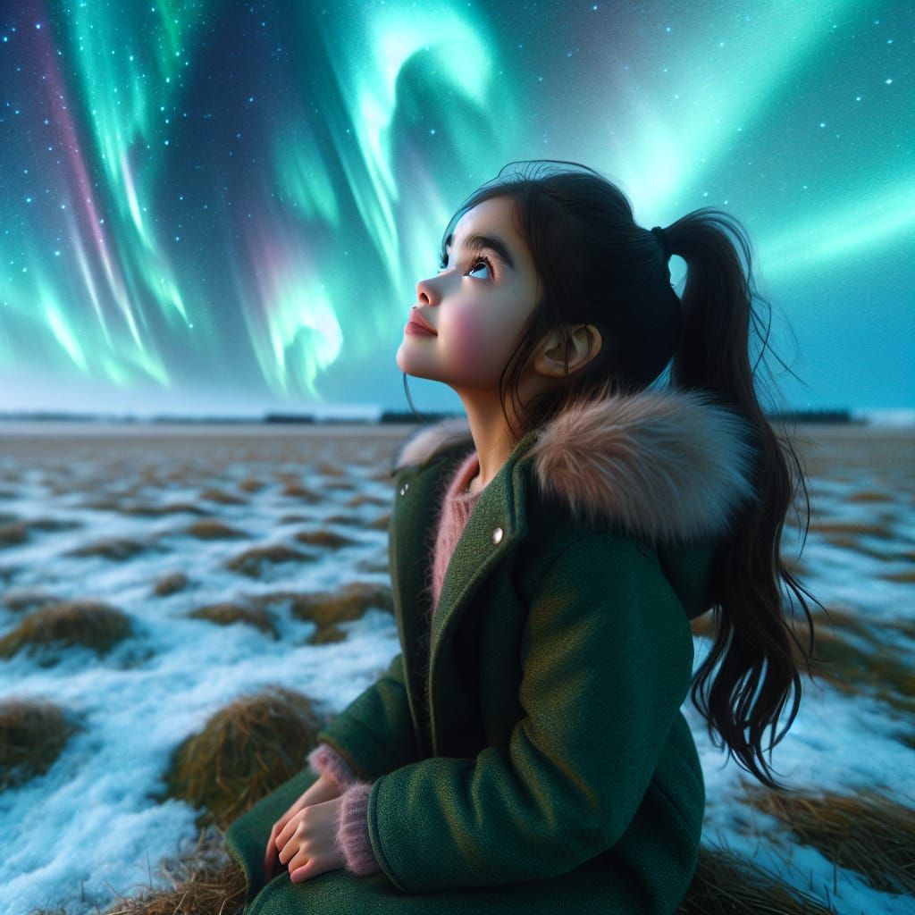 Girl Watching Aurora Borealis in Snowy Field
