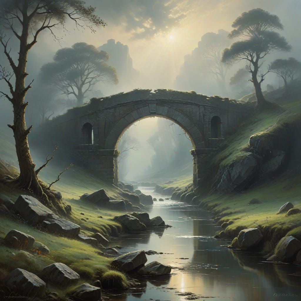 Misty River Stone Bridge to Forgotten Ruin, Oil Painting