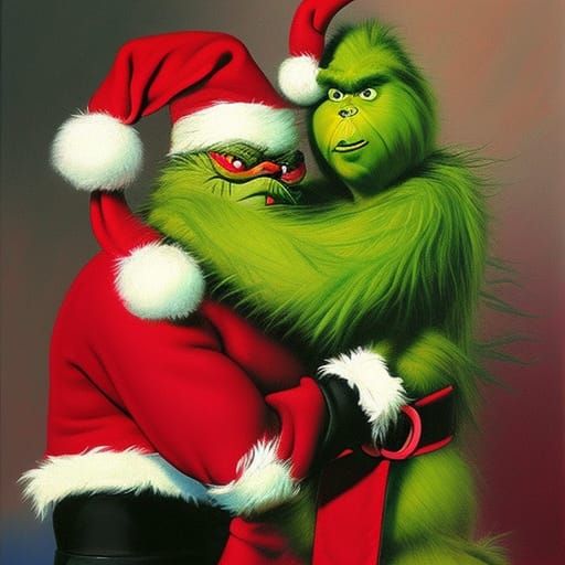 Santa Claus Choke Holds the Grinch: Oil Painting