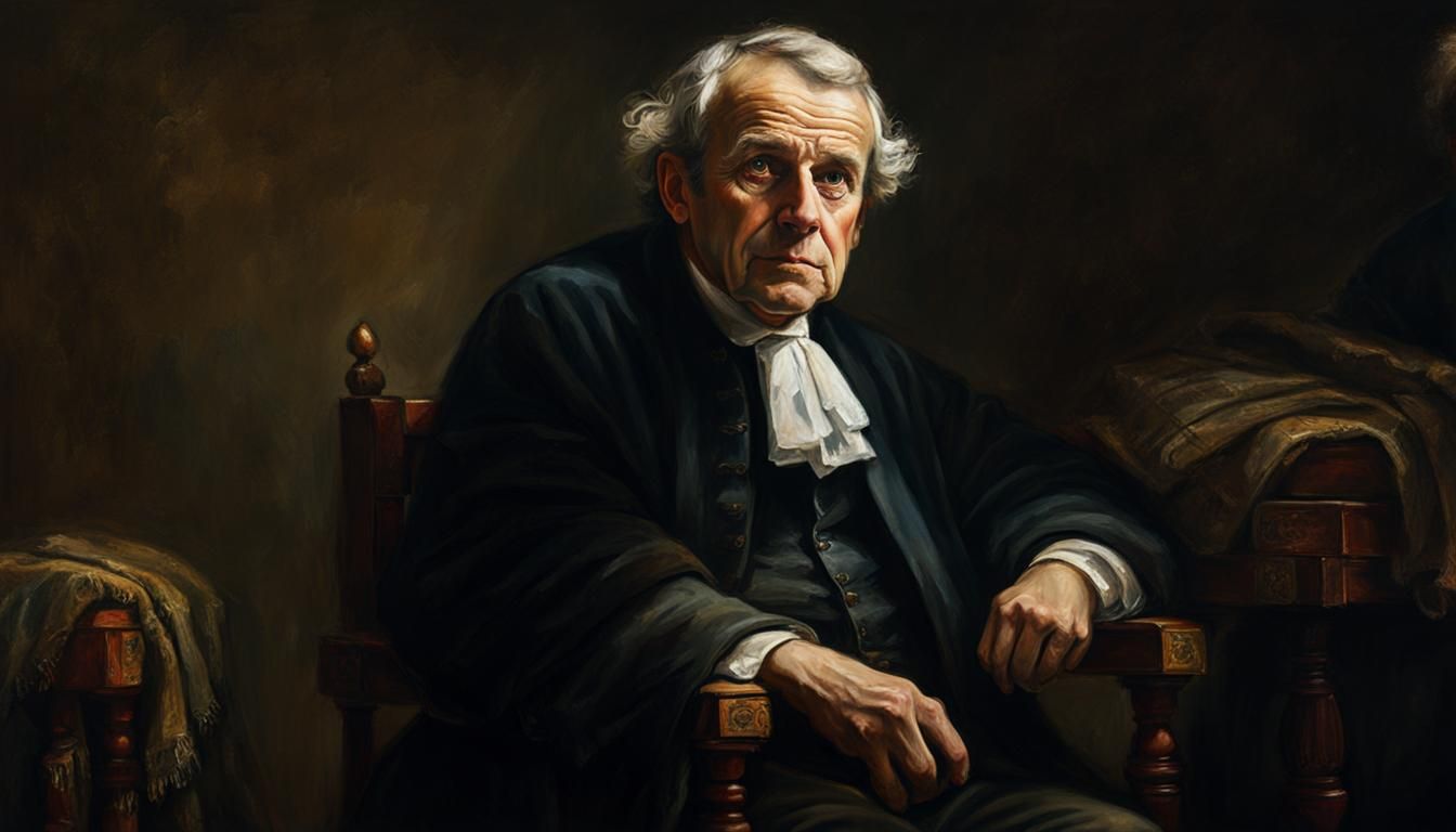 emmanuel macron old man, dressed in rags, fat, sitting on a small stool, oil painting, Art by Rembrandt., haze, ultra-de...