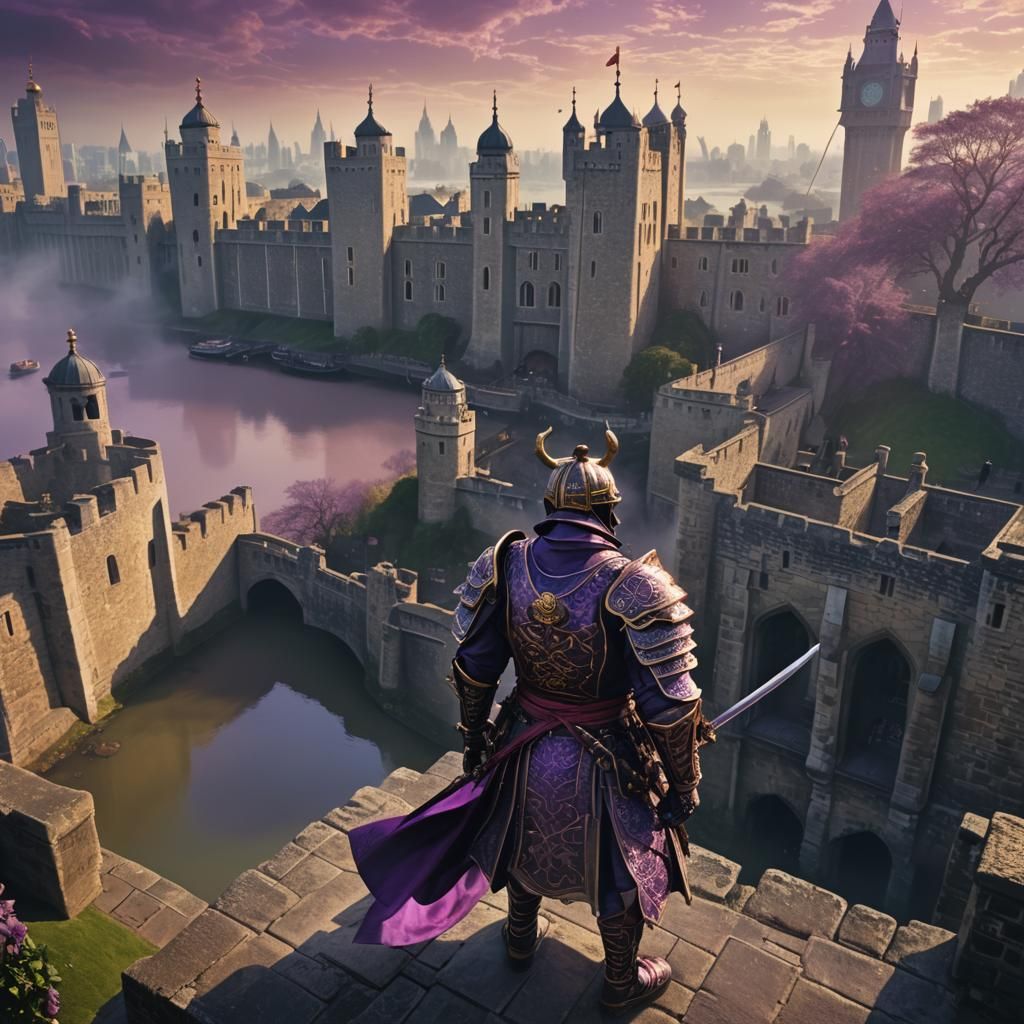 Samurai in Purple Armor Overlooking London, Fantasy Art