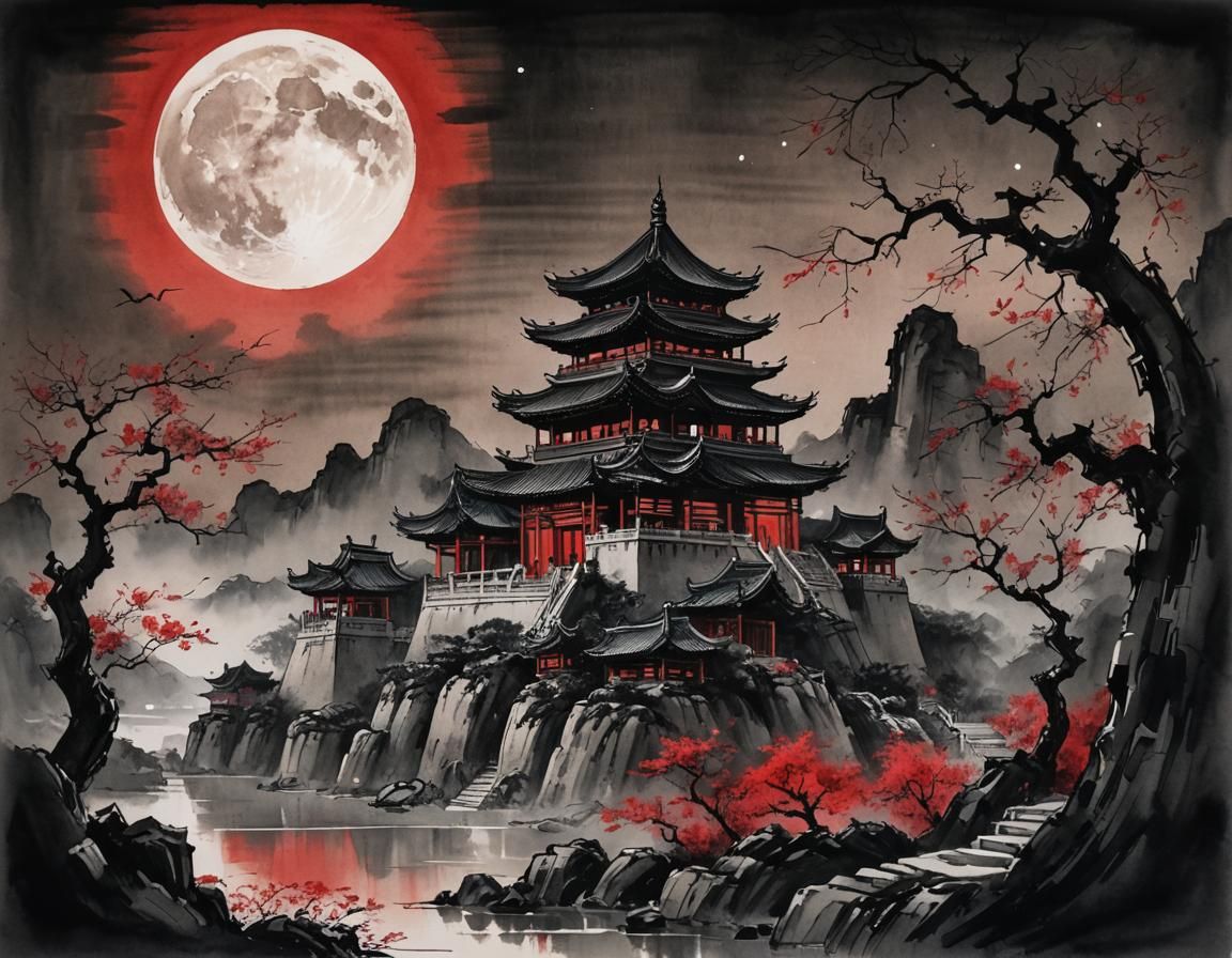 Ancient Temple in Whimsical Chinese Ink Art