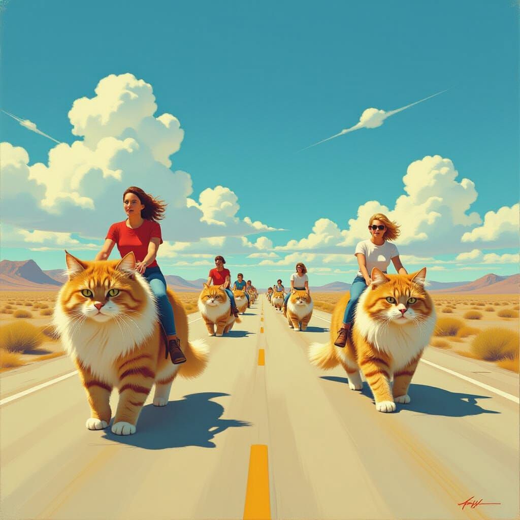 People Ride Giant Cats Down Sunlit Highway