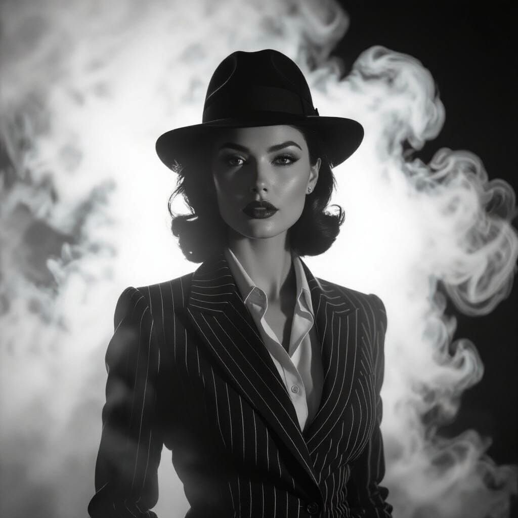 Film Noir Woman in Striped Suit with Dramatic Lighting