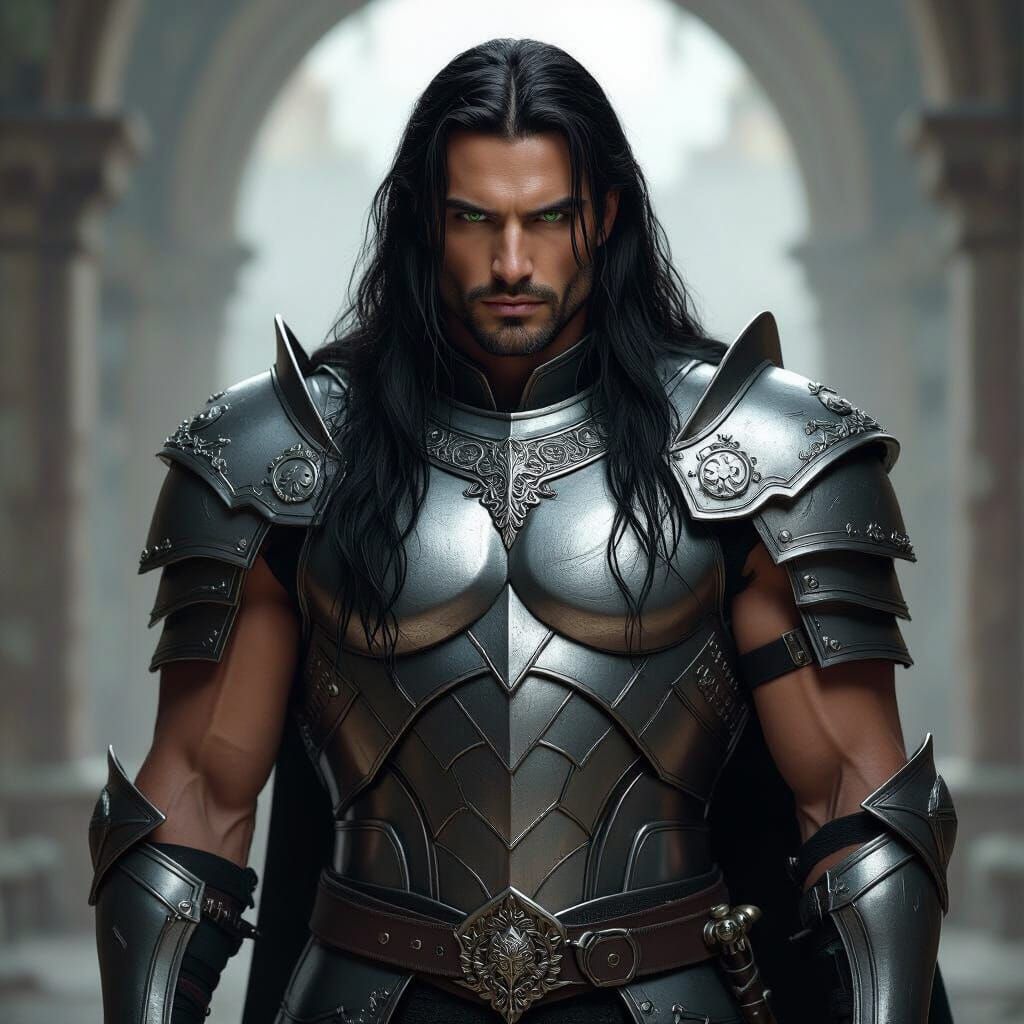 Muscular Medieval Guardian in Silver Armor