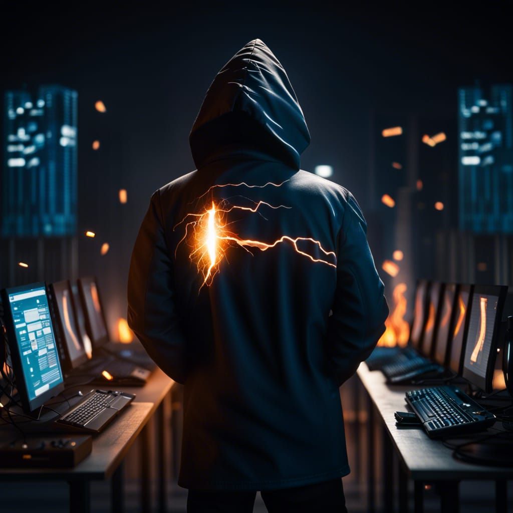 Hacker in Dark City with Bitcoin Logo