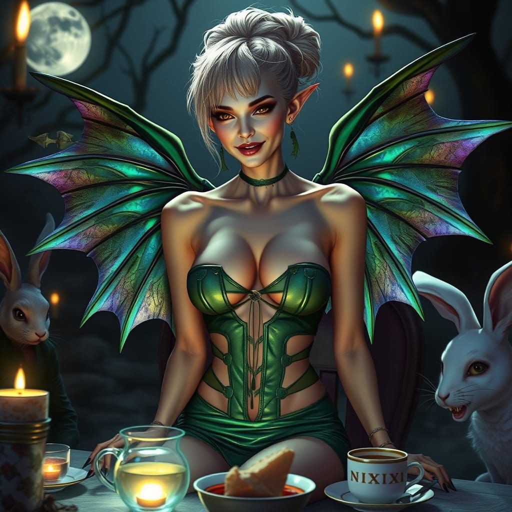 Whimsical Dark Fantasy Scene with Pointed Eared Woman and Ir...