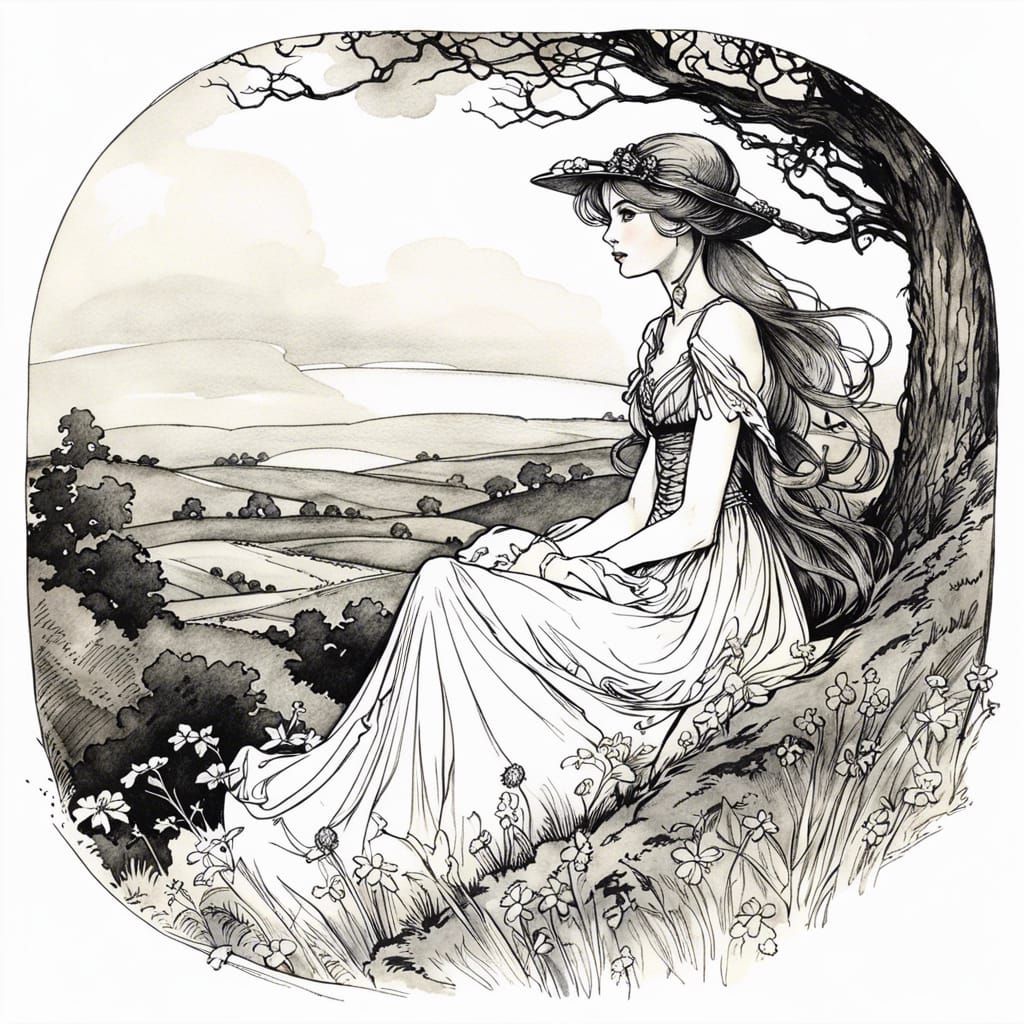 Fairytale Maiden on Hill in Arthur Rackham Style