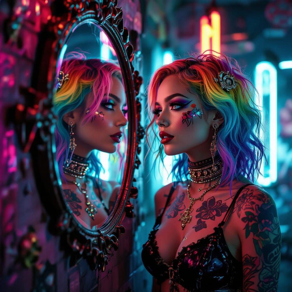 Rainbow Haired Woman with Steampunk Reflection