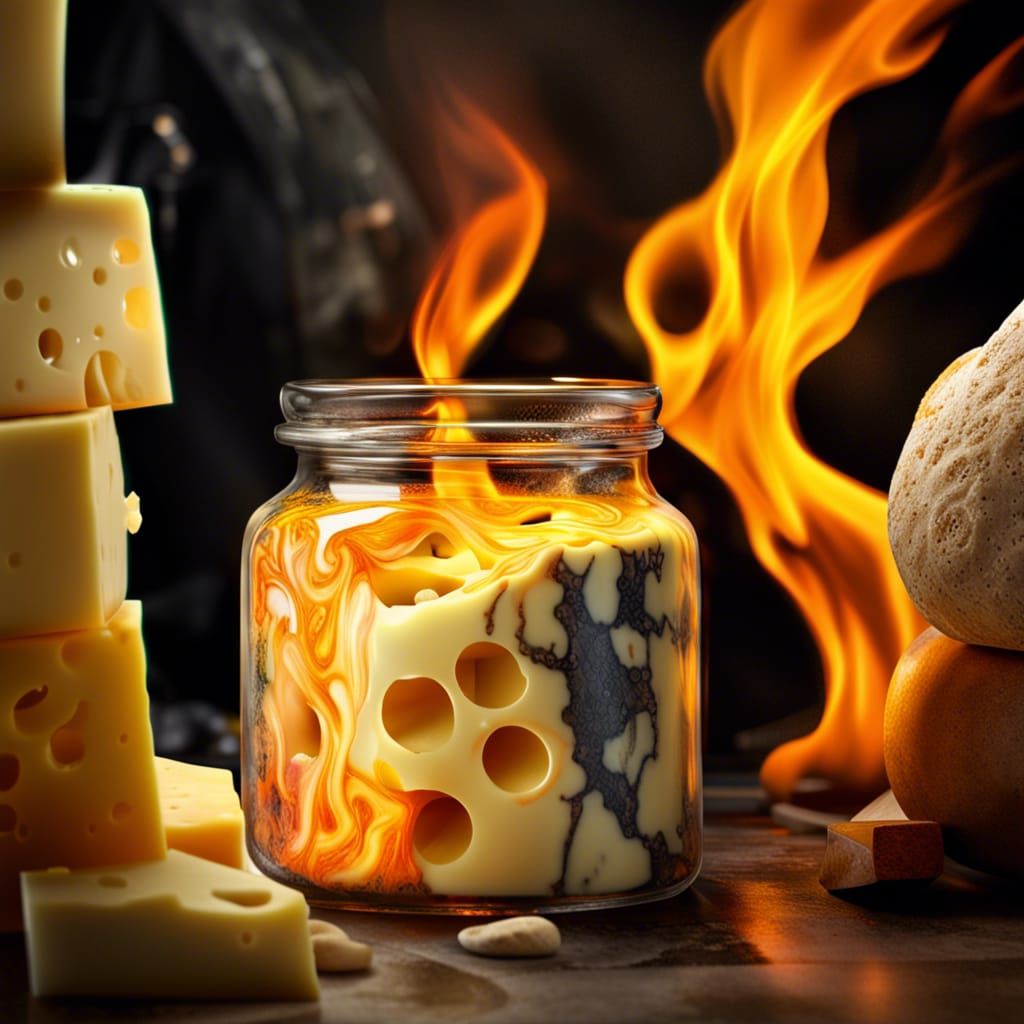Flaming Melted Cheese in Glass Jar, Hyperrealistic