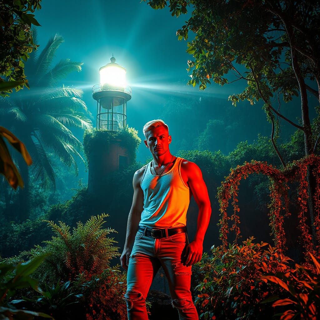 Lighthouse Explorer in Neon Jungle, Cinematic Style