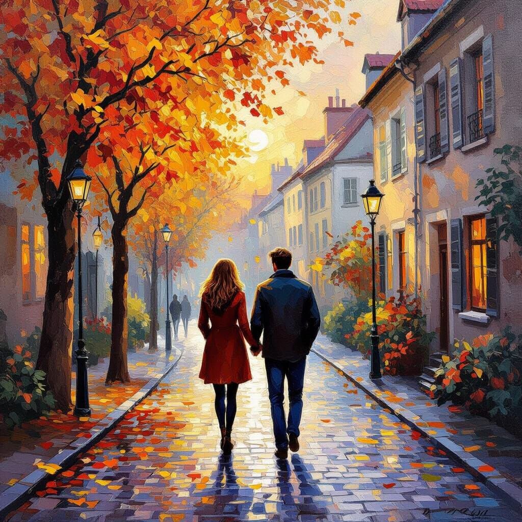 Couple's Romantic Stroll Through Autumn Trees in Golden Hour