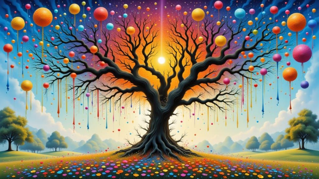 Ethereal Summer Scene with Majestic Oak Tree in Whimsical Dr...