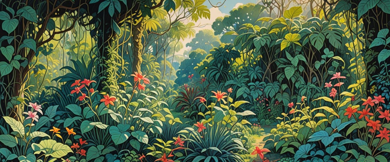 Vibrant Tropical Garden Bathed in Early Morning Sunlight