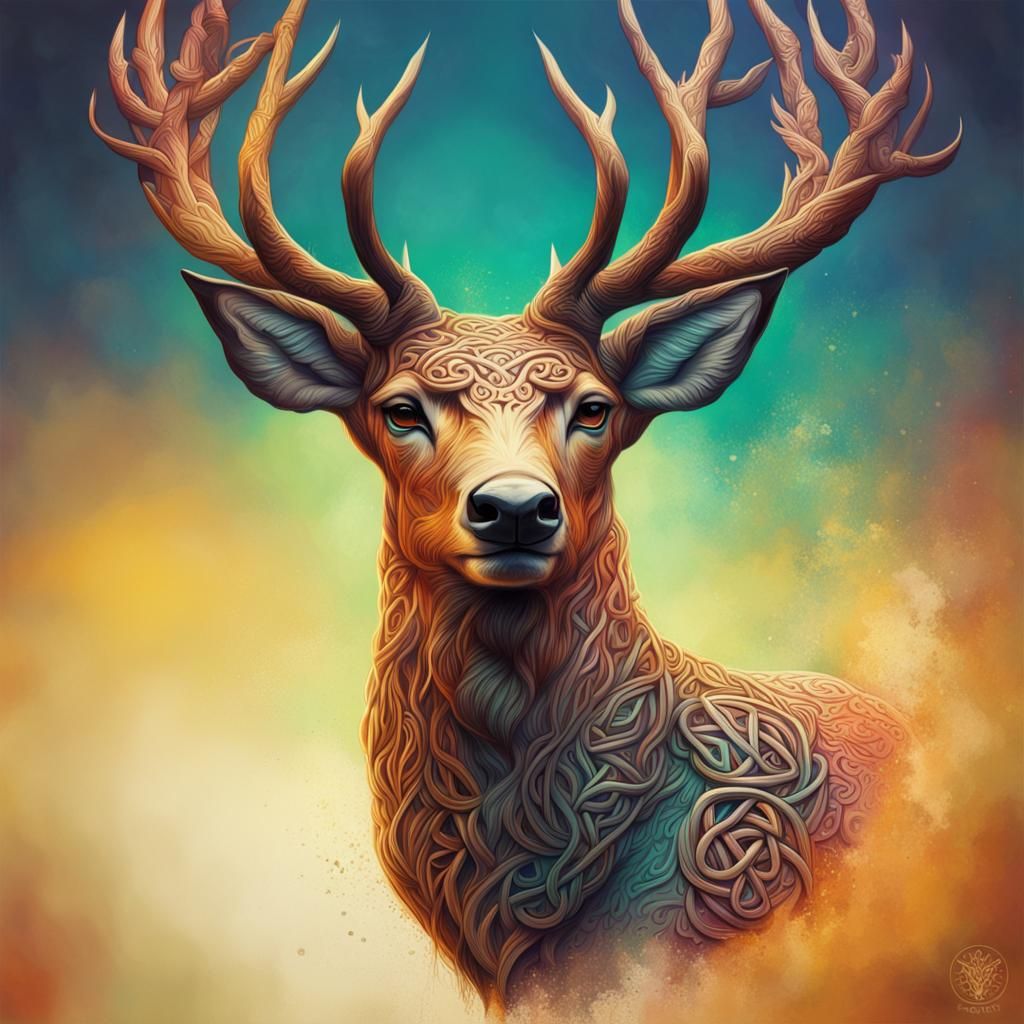 Intricate Celtic Deer Portrait in Splash Art Style