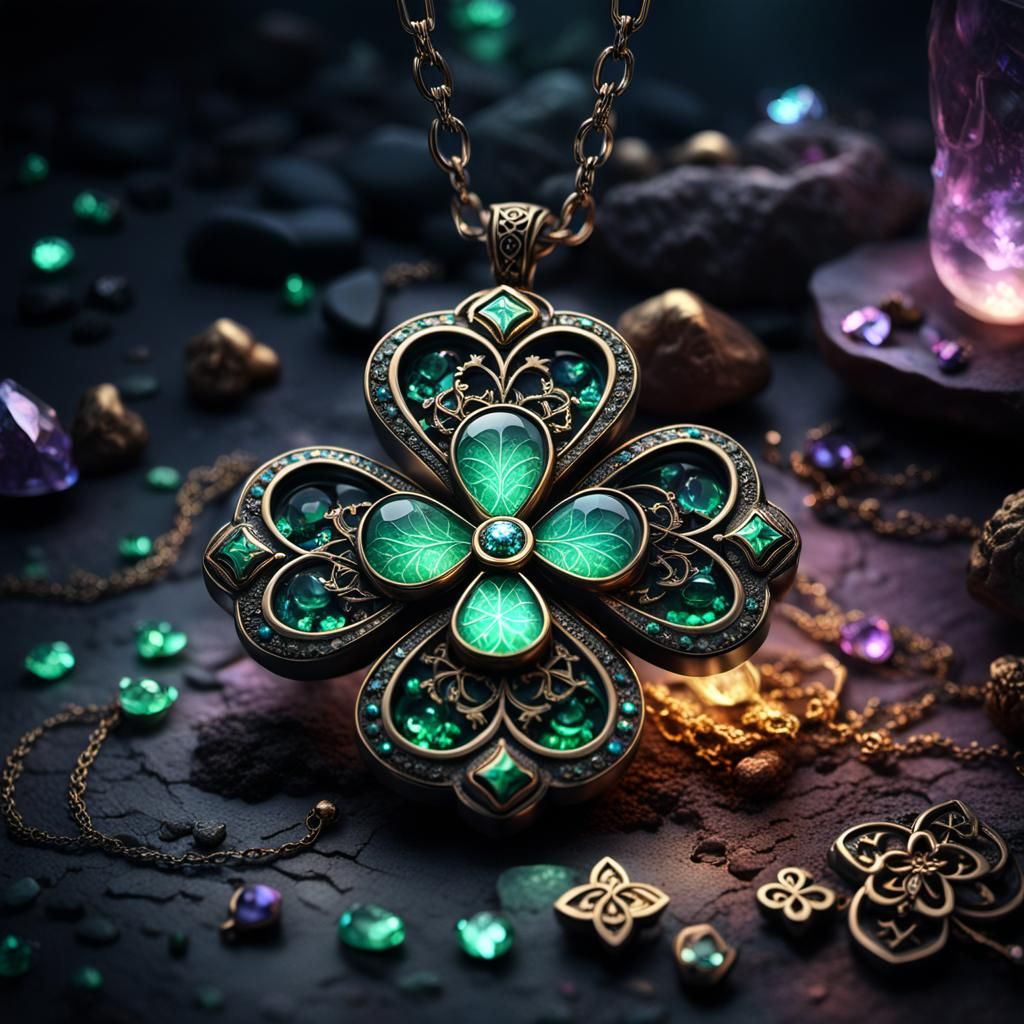 Mystical Four-Leaf Clover Pendant in Dark Fantasy Style