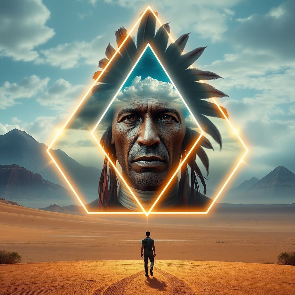 Taino Man's Cosmic Vision in Futuristic Dreamscape