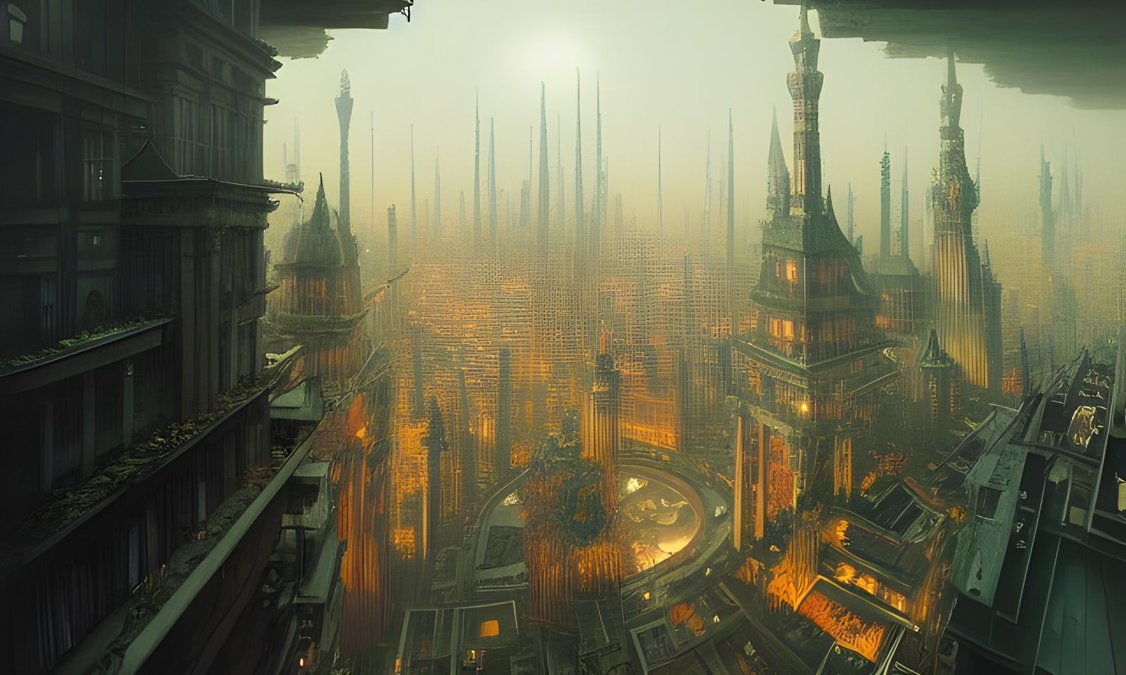 Elaborate Fantasy City Painting in Maximalist Style