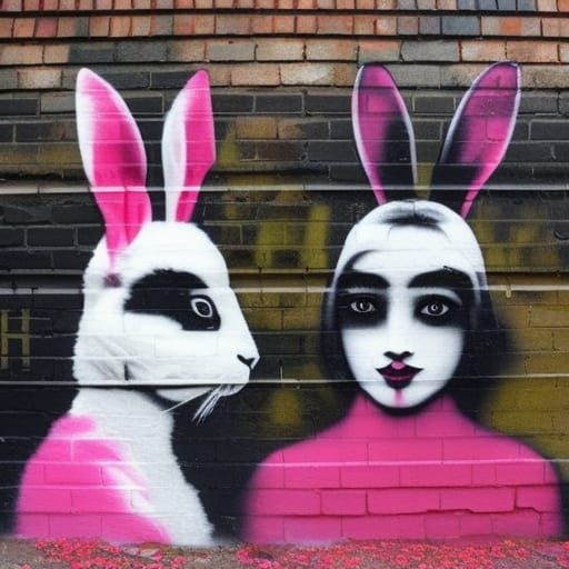 Rabbits Face to Face: Banksy-Style Street Art