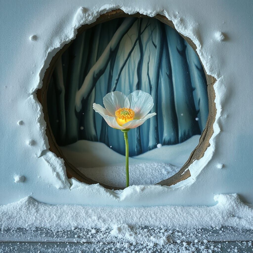 Frozen Poppy Bloom Emerges from Winter Mural in Surreal Styl...