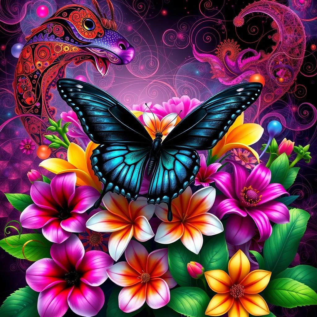 Iridescent Butterfly on Abstract Floral Background