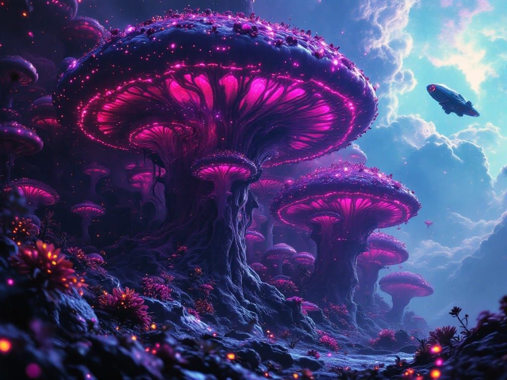 Bioluminescent Fungal Planet in Dark Fantasy Style