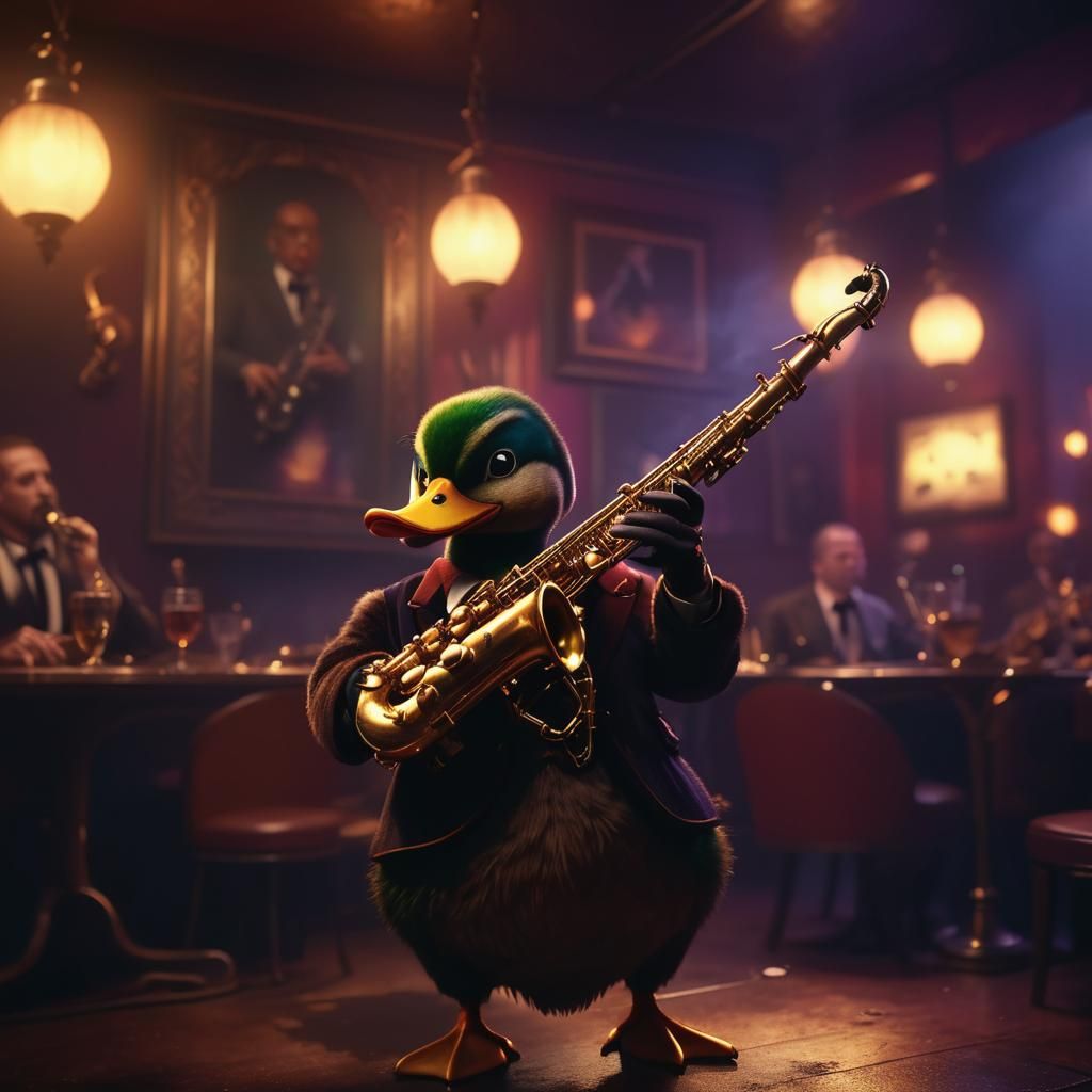 Duck Saxophonist in Smoky Retro Jazz Club