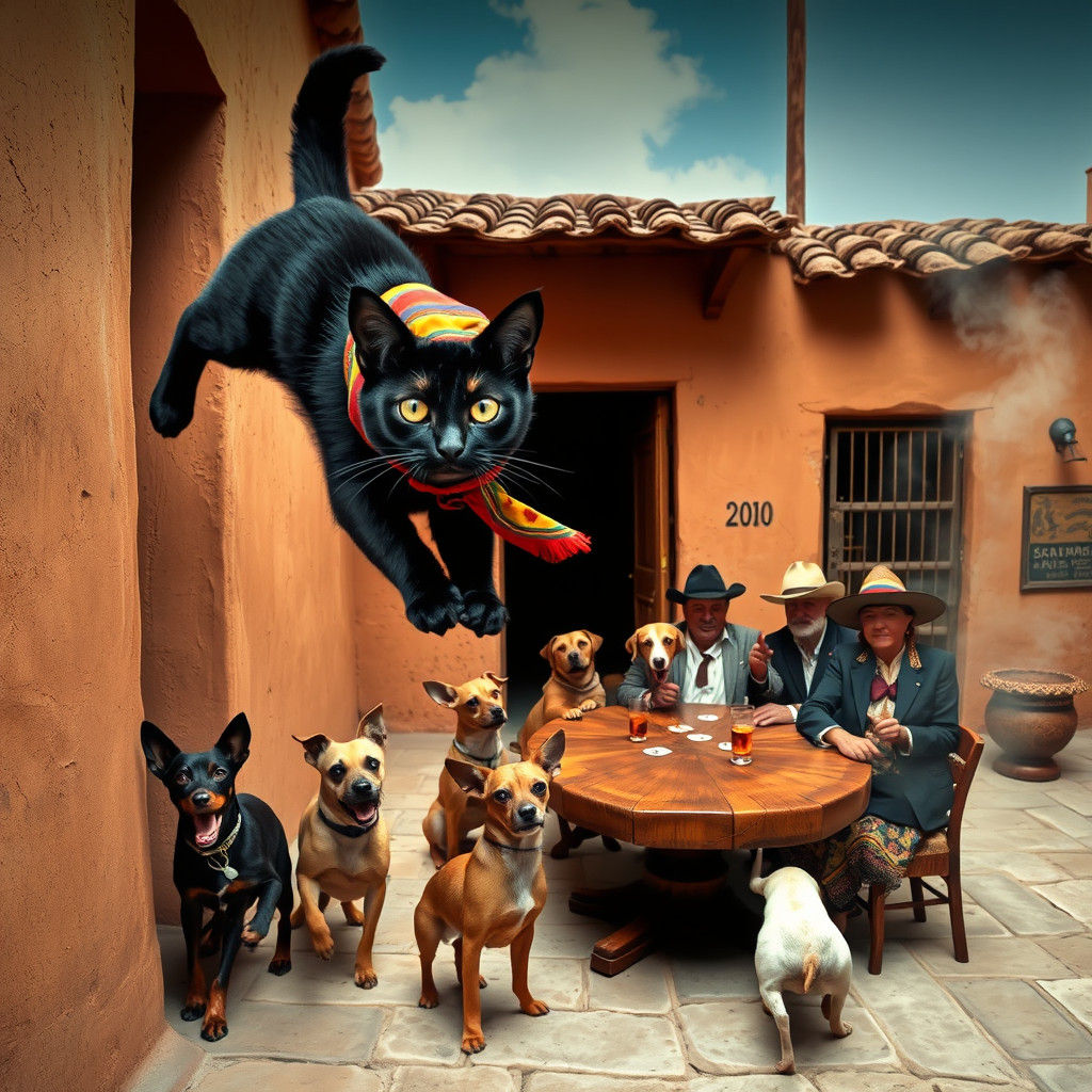 Mexican Scene with Cat in Sombrero, Folkloric Style