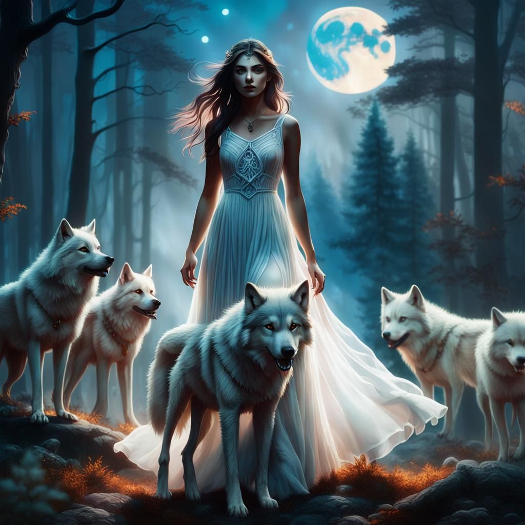 Mystical Forest Scene with Woman, Wolf, and Moon