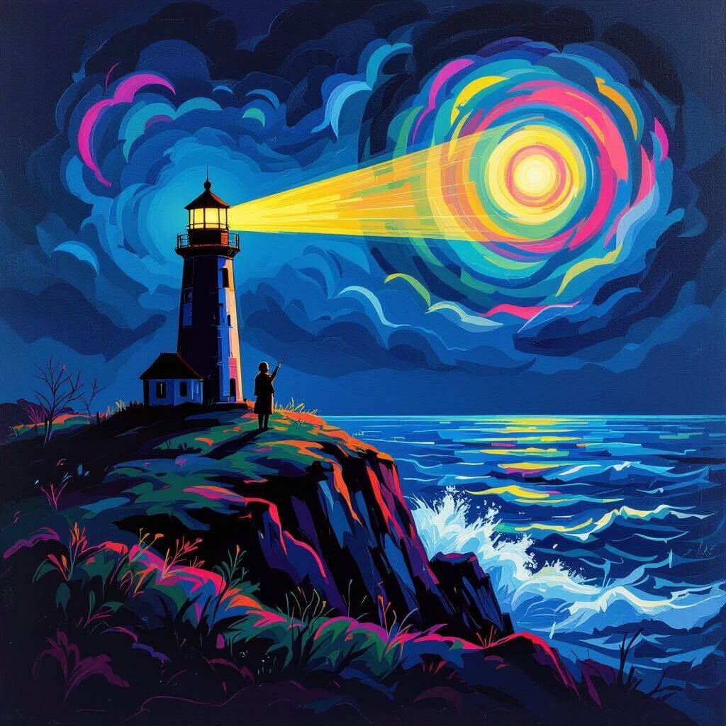 Lighthouse Keeper on Windswept Cliff in 80s Neon Style