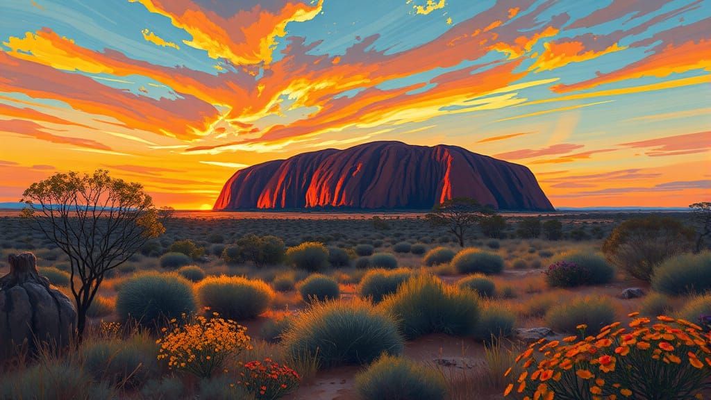 Neo-Impressionist Australian Sunset Over Ayers Rock