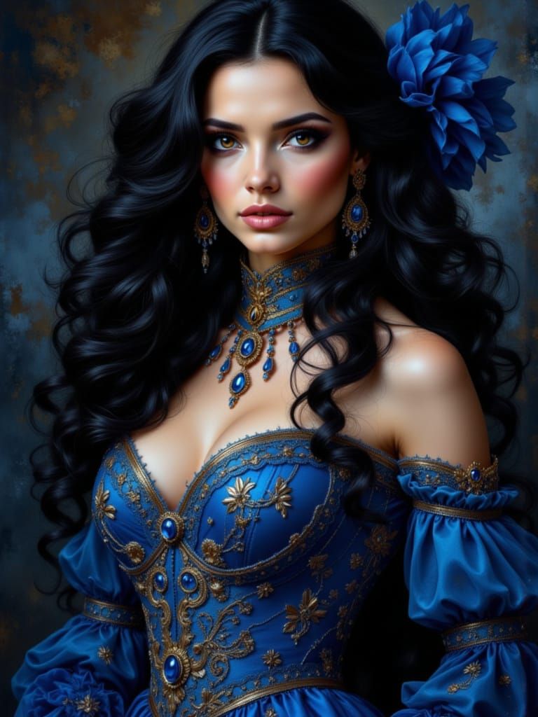 Oil Portrait of Woman in Sapphire Blue Costume