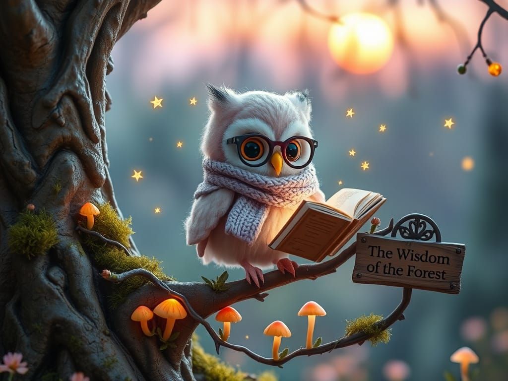 Whimsical Owl in Mystical Forest Scene
