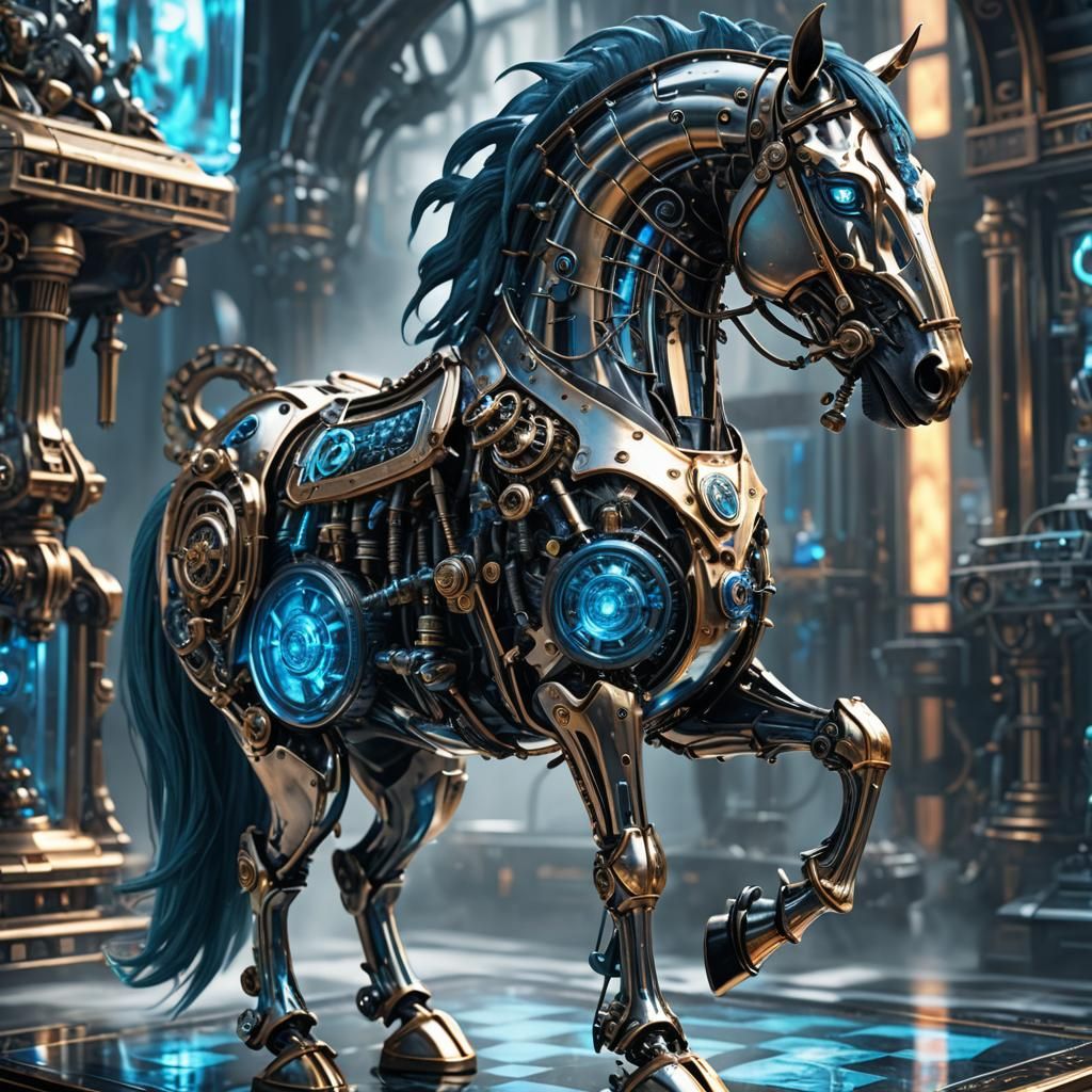 Digital Illustration, A biomechanical chess horse, ((futuris...