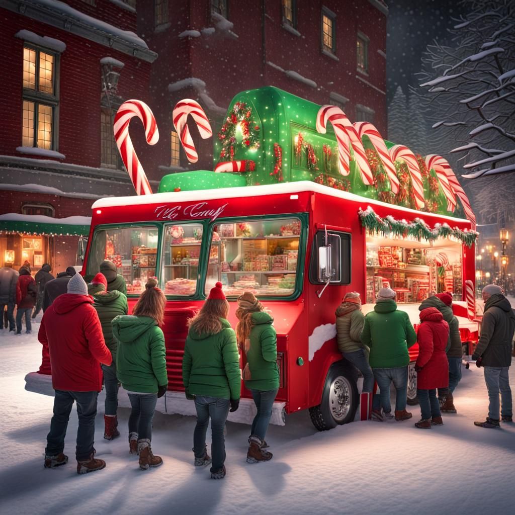 Festive Candy Cane Food Truck on Snowy Night